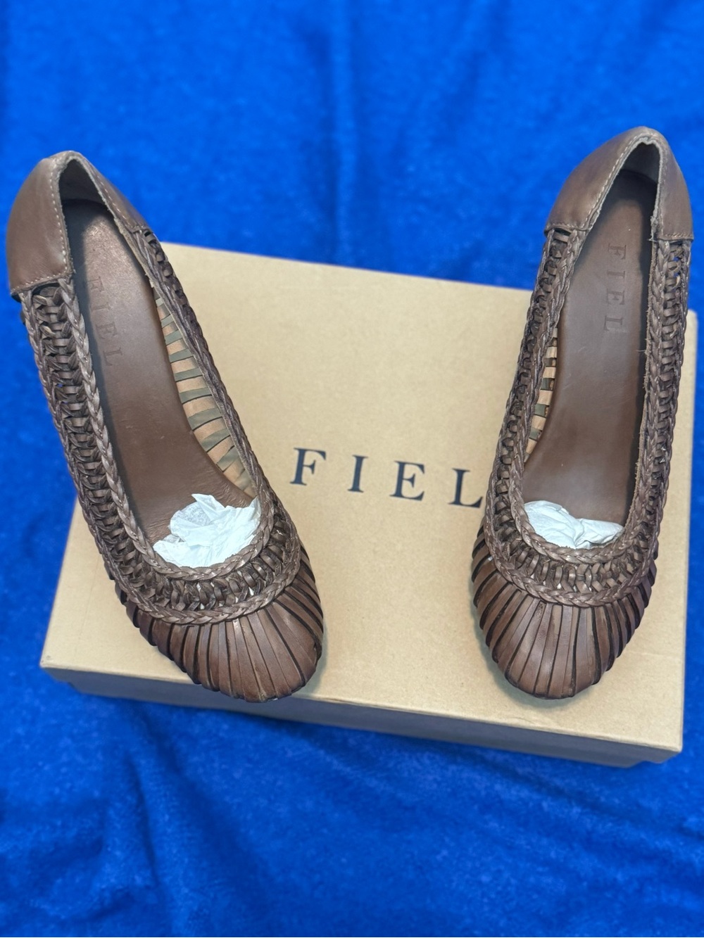 FIEL Brown Braided Leather Women's Wooden Wedges - New with Box